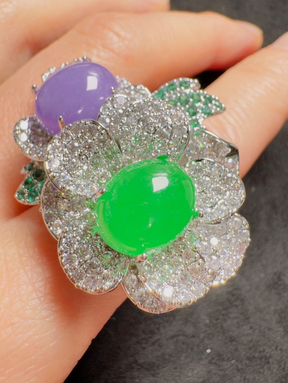 Natural Jadeite Floral Statement Ring Green Purple CZ Size 7– adjustable